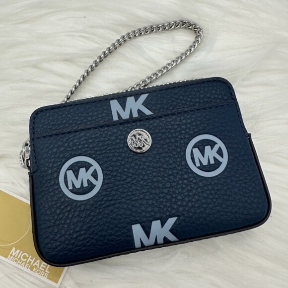 NWT Michael Kors Jet Set Medium Logo Debossed Navy Blue Chain Card Case - Picture 2 of 10